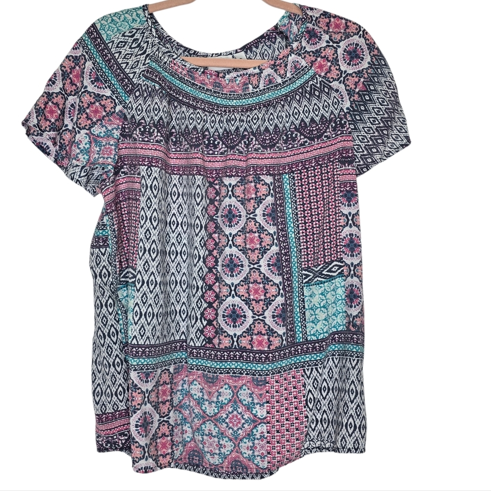 Kim Rogers short-sleeve pink patchwork floral print blouse